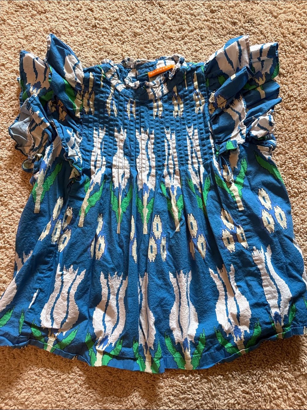 Oliphant Blue Floral Smocked Flutter Sleeve Blouse